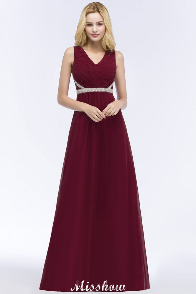 Vestido de dama de honor de gasa con escote en V, volantes, largo hasta el suelo, con cuentas y faja