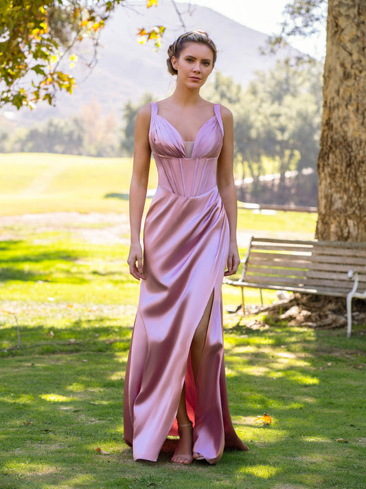 Vestido de fiesta de satén rosa con escote en V y largo hasta el suelo