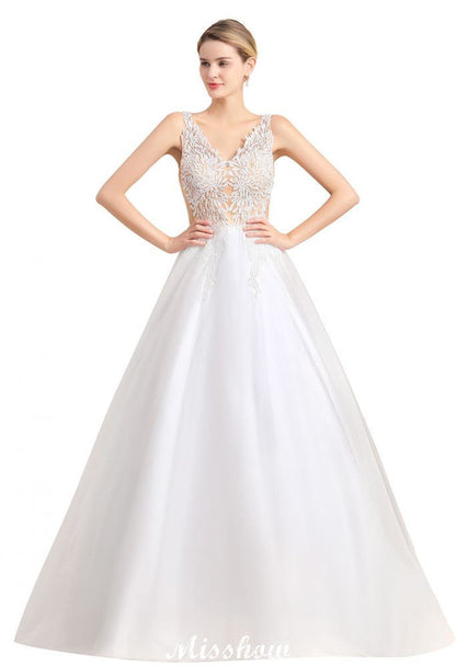 V-Neck See-through Lace Aline Wedding Dress Floor length Princess Bridal Gown