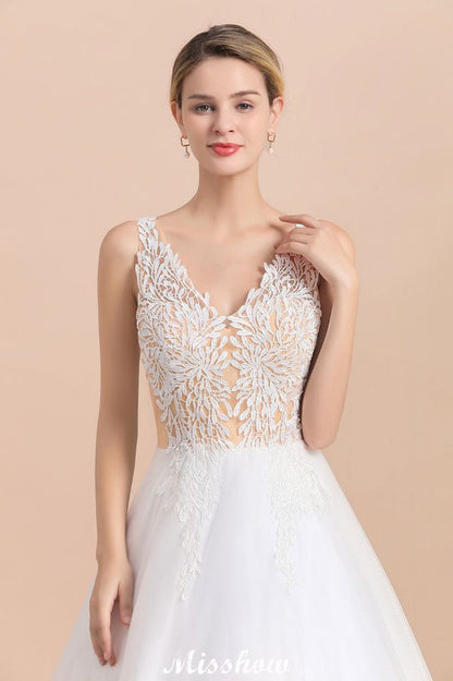 V-Neck See-through Lace Aline Wedding Dress Floor length Princess Bridal Gown