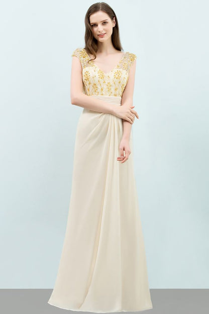 V-neck Sequined Top A-line Floor Length Chiffon Prom Dresses