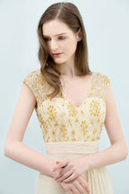 V-neck Sequined Top A-line Floor Length Chiffon Prom Dresses