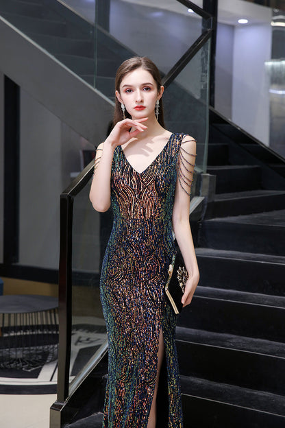 V-Neck Sequins Long Evening Dress With Split