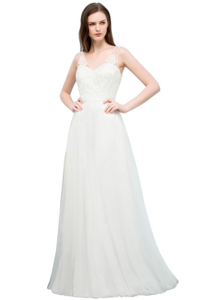 V-Ausschnitt Ärmelloses A-Linie Bodenlanges Spitzen-Tüll-Ballkleid