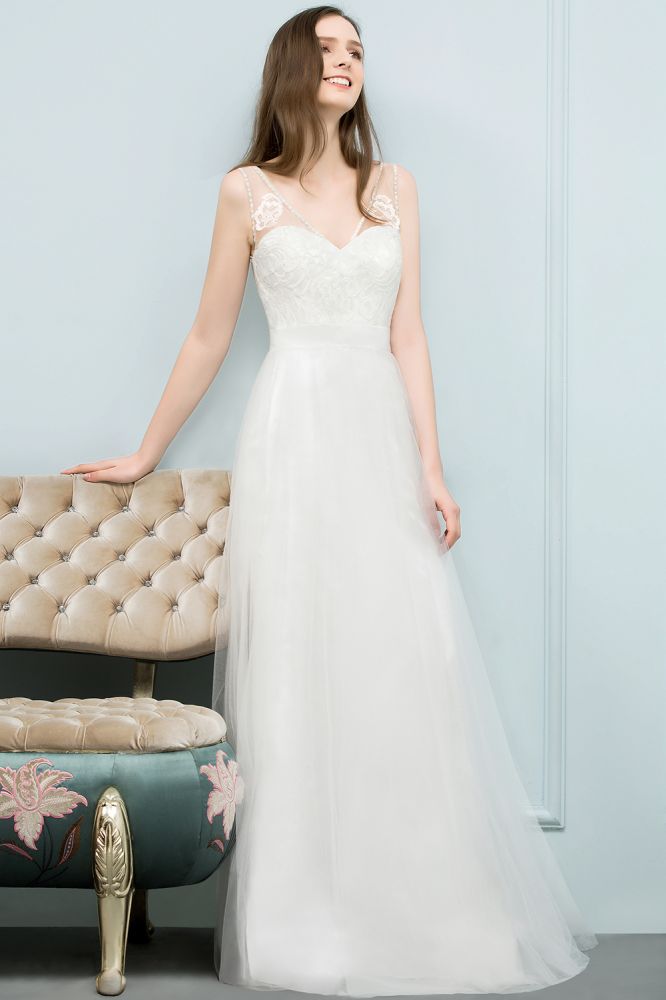 V-Ausschnitt Ärmelloses A-Linie Bodenlanges Spitzen-Tüll-Ballkleid