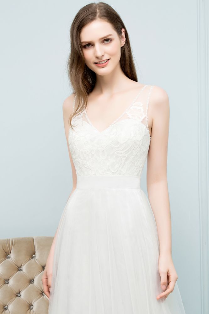 V-Ausschnitt Ärmelloses A-Linie Bodenlanges Spitzen-Tüll-Ballkleid