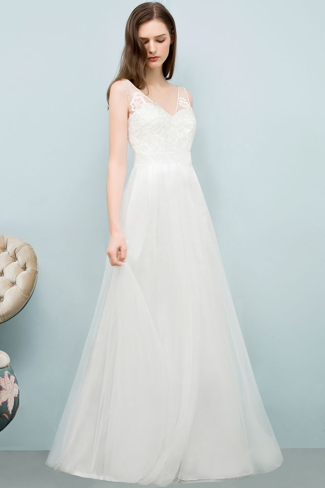 V-Ausschnitt Ärmelloses A-Linie Bodenlanges Spitzen-Tüll-Ballkleid