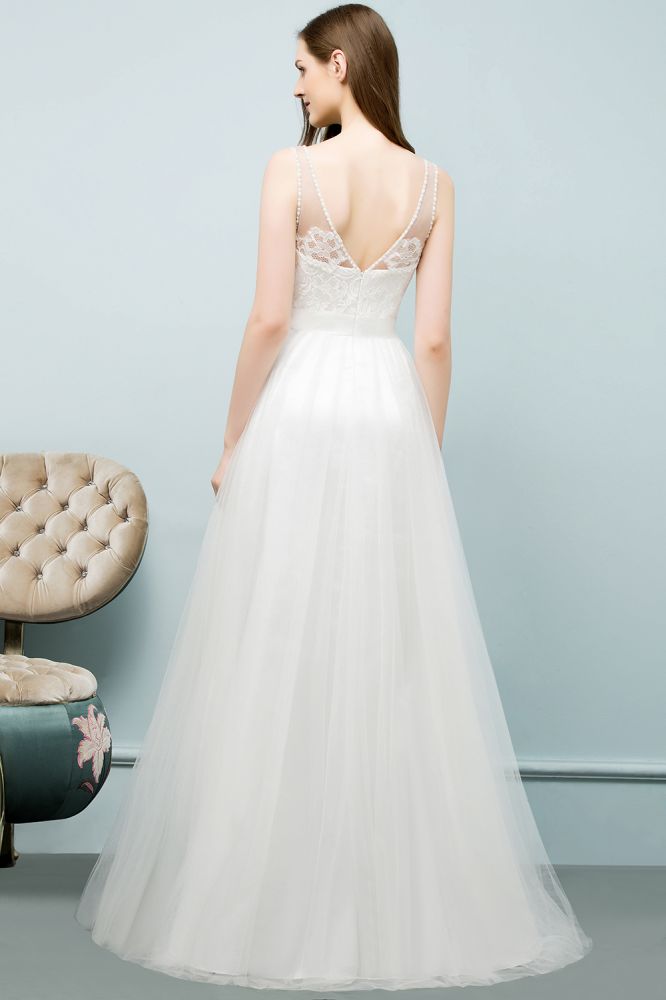 V-Ausschnitt Ärmelloses A-Linie Bodenlanges Spitzen-Tüll-Ballkleid