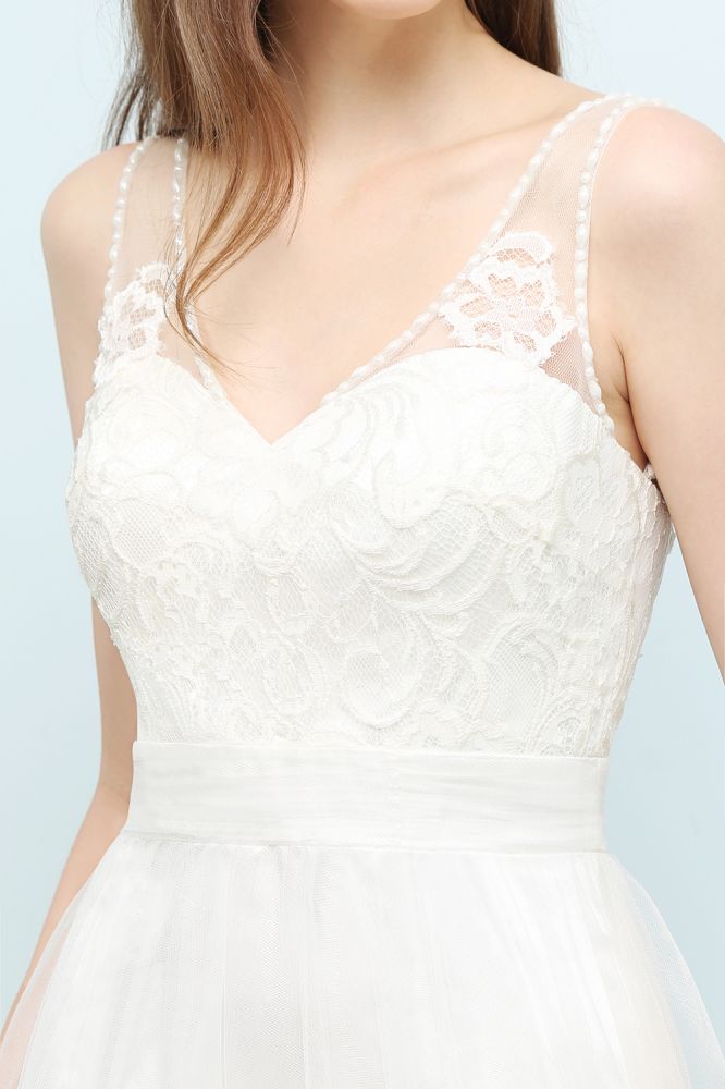 V-Ausschnitt Ärmelloses A-Linie Bodenlanges Spitzen-Tüll-Ballkleid