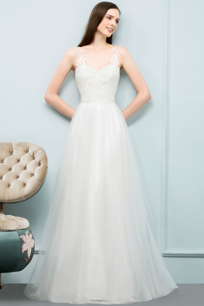 V-Ausschnitt Ärmelloses A-Linie Bodenlanges Spitzen-Tüll-Ballkleid