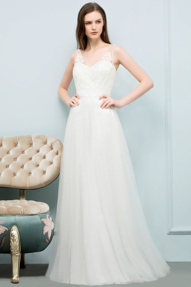 V-Ausschnitt Ärmelloses A-Linie Bodenlanges Spitzen-Tüll-Ballkleid