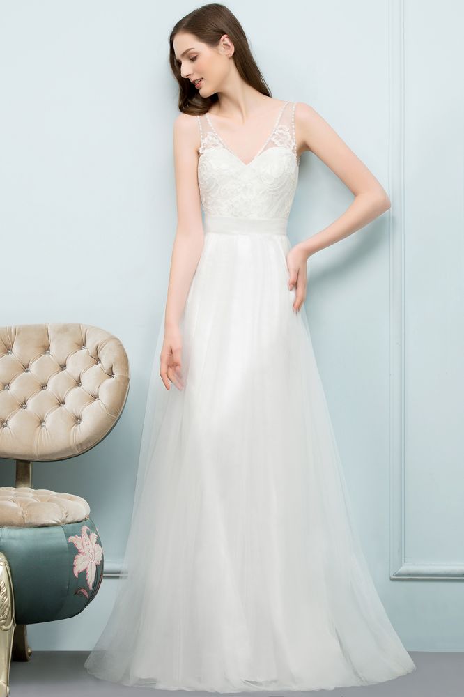 V-Ausschnitt Ärmelloses A-Linie Bodenlanges Spitzen-Tüll-Ballkleid