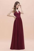 Vestido de noche Aline sin mangas con escote en V y lentejuelas para dama de honor