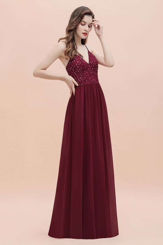 Vestido de noche Aline sin mangas con escote en V y lentejuelas para dama de honor