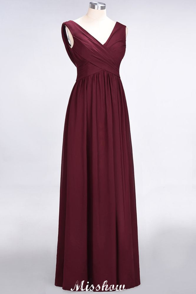 Vestido de dama de honor de gasa con escote en V, sin mangas, largo hasta el suelo y volantes