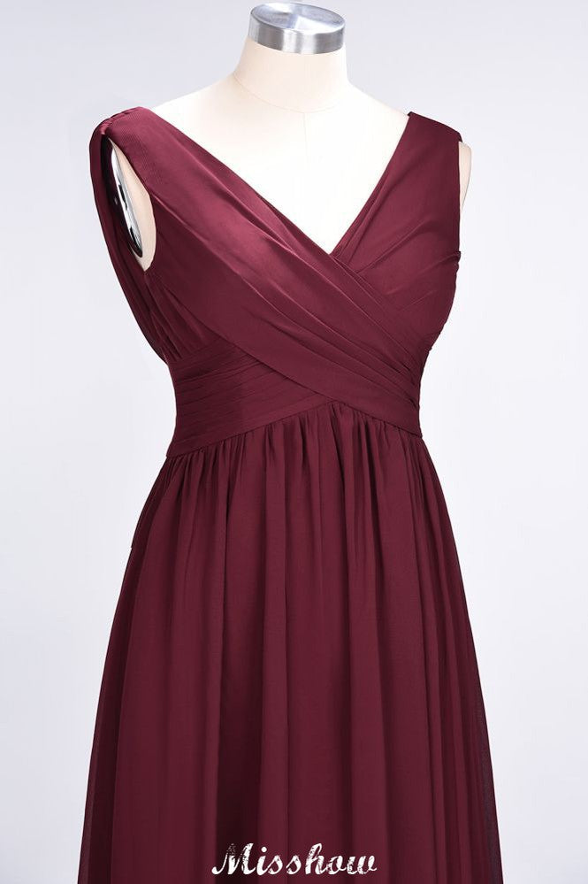 Vestido de dama de honor de gasa con escote en V, sin mangas, largo hasta el suelo y volantes