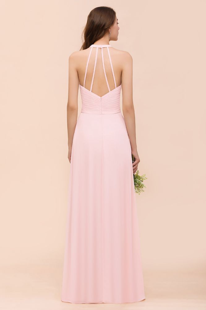 Vestido maxi de dama de honor sin mangas con cuello en V, de gasa rosa, para boda en la playa