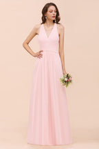 Ärmelloses Maxi-Brautjungfernkleid mit V-Ausschnitt, rosa Chiffon-Strandhochzeitskleid