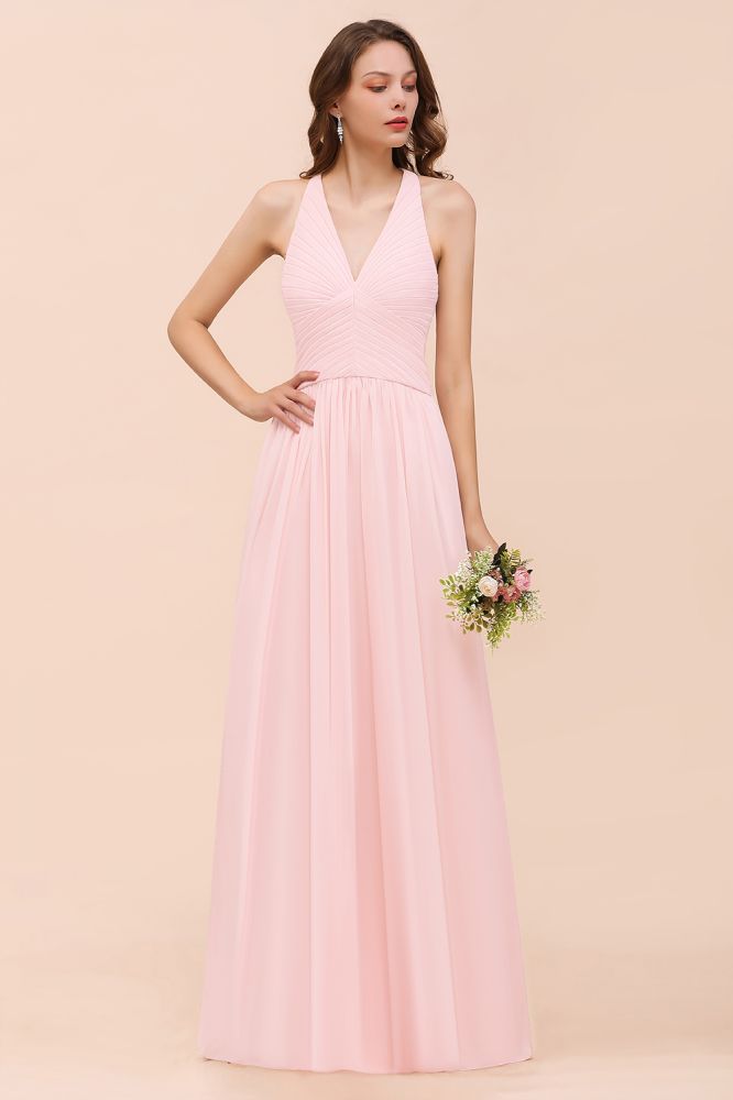 Vestido maxi de dama de honor sin mangas con cuello en V, de gasa rosa, para boda en la playa