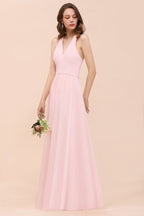Ärmelloses Maxi-Brautjungfernkleid mit V-Ausschnitt, rosa Chiffon-Strandhochzeitskleid