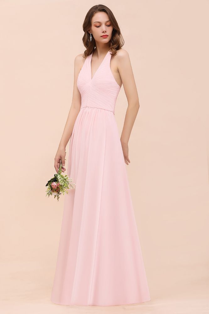 Ärmelloses Maxi-Brautjungfernkleid mit V-Ausschnitt, rosa Chiffon-Strandhochzeitskleid