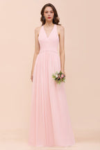 Ärmelloses Maxi-Brautjungfernkleid mit V-Ausschnitt, rosa Chiffon-Strandhochzeitskleid
