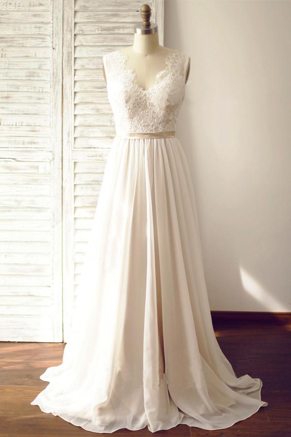 V-neck  Sleeveless Open Back Wedding Dress with Lace Sash PG200