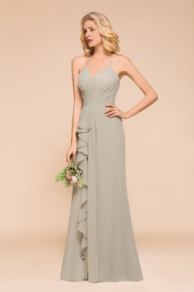 Vestido de dama de honor con escote en V, largo hasta el suelo y pliegues