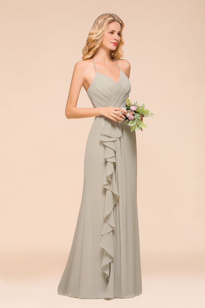 Vestido de dama de honor con escote en V, largo hasta el suelo y pliegues