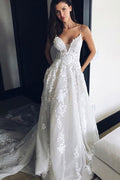 V Neck Spaghetti Straps Appliques Court Train Tulle Wedding Dress WD165
