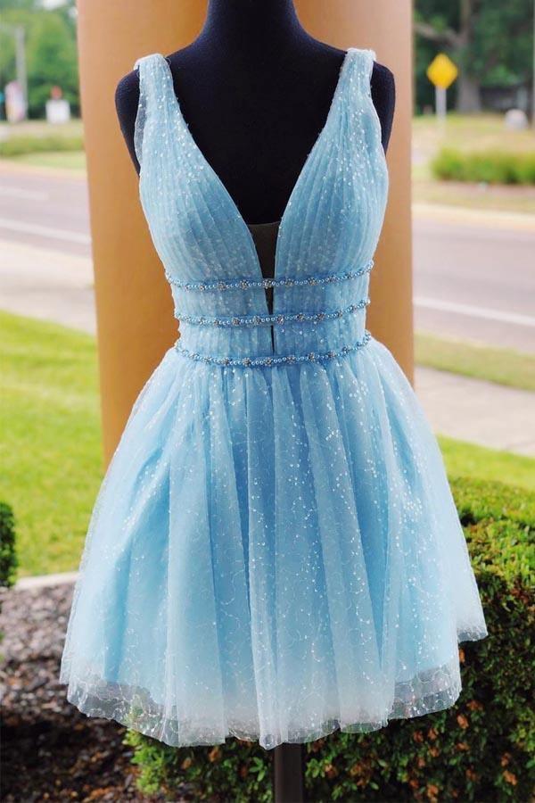 V-Ausschnitt, funkelnde Perlen, himmelblau, kurzes Ballkleid, Homecoming-Kleid, PD316