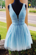 V-Ausschnitt, funkelnde Perlen, himmelblau, kurzes Ballkleid, Homecoming-Kleid, PD316
