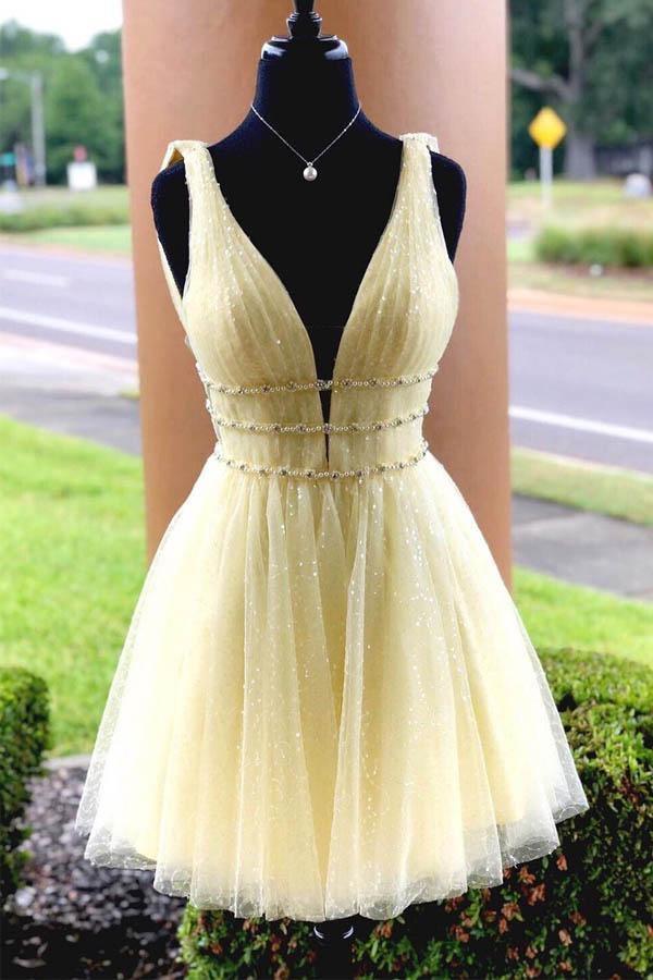 V-Ausschnitt, funkelnde Perlen, himmelblau, kurzes Ballkleid, Homecoming-Kleid, PD316