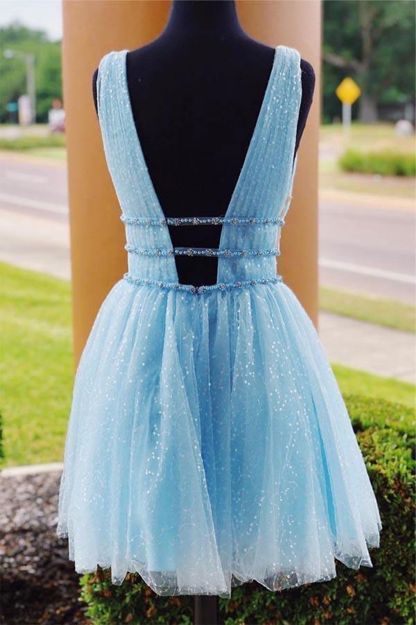 V-Ausschnitt, funkelnde Perlen, himmelblau, kurzes Ballkleid, Homecoming-Kleid, PD316