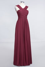 Vestido de dama de honor largo hasta el suelo, sin mangas, con tirantes y escote en V y volantes