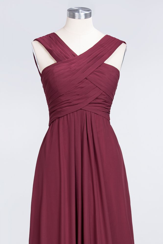 Vestido de dama de honor largo hasta el suelo, sin mangas, con tirantes y escote en V y volantes