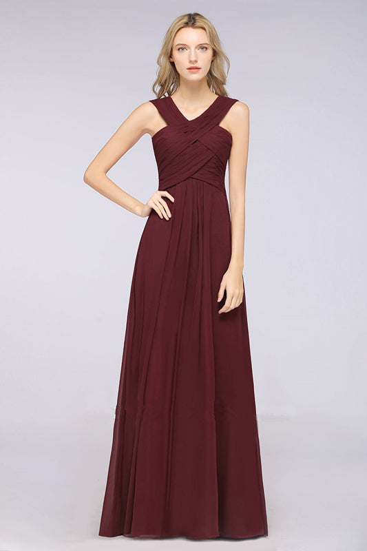 Vestido de dama de honor largo hasta el suelo, sin mangas, con tirantes y escote en V y volantes