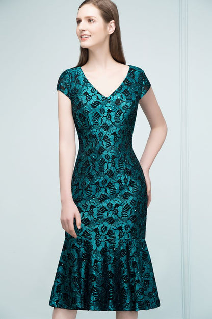 V-neck Tea Length Mermaid Lace Appliqued Prom Dresses