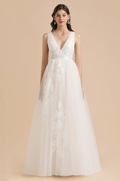 V-Neck Tulle Lace Appliques Simple Wedding Dress Garden Wedding Gowns Floor Length