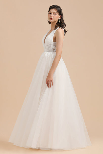 V-Neck Tulle Lace Appliques Simple Wedding Dress Garden Wedding Gowns Floor Length