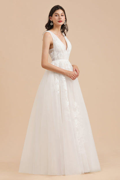 V-Neck Tulle Lace Appliques Simple Wedding Dress Garden Wedding Gowns Floor Length