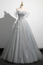 Tiana | Graues A-Linien-Ballkleid aus schulterfreiem Tüll, schönes bodenlanges Partykleid im Korsettstil