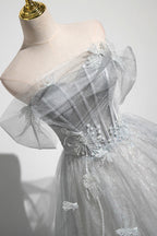 Tiana | Graues A-Linien-Ballkleid aus schulterfreiem Tüll, schönes bodenlanges Partykleid im Korsettstil