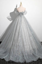 Tiana | Graues A-Linien-Ballkleid aus schulterfreiem Tüll, schönes bodenlanges Partykleid im Korsettstil