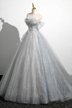 Tiana | Graues A-Linien-Ballkleid aus schulterfreiem Tüll, schönes bodenlanges Partykleid im Korsettstil