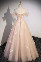 Coraline | Vestidos largos formales de tul con flores preciosas, vestidos de noche con hombros descubiertos