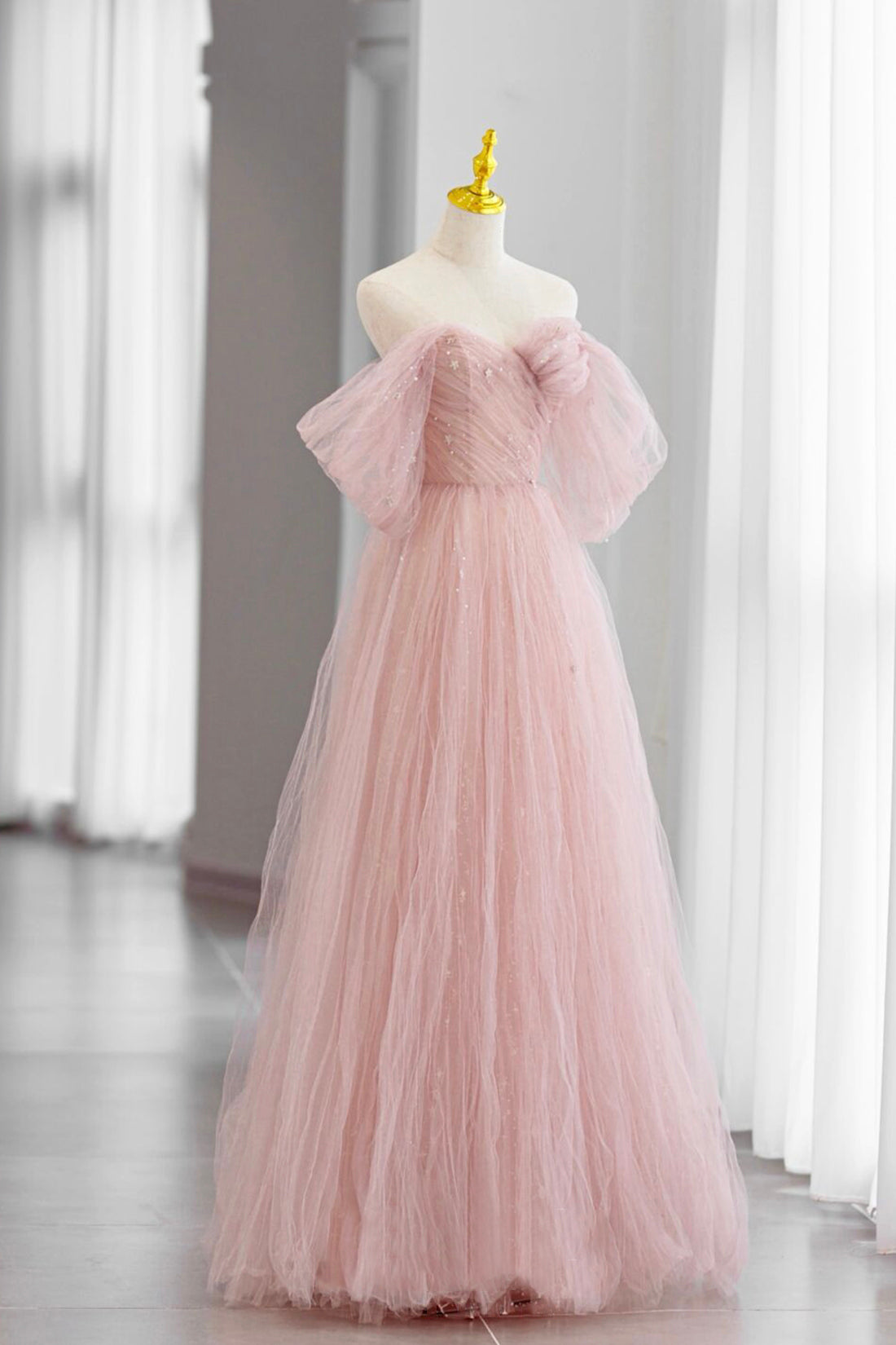 Adalee | Pink Tulle Floor Length Prom Dress, Cute A-Line Evening Party Dress