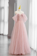 Adalee | Rosa Tüll Bodenlanges Ballkleid, Süßes A-Linien Abendkleid