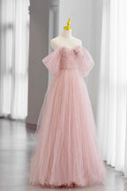 Adalee | Rosa Tüll Bodenlanges Ballkleid, Süßes A-Linien Abendkleid