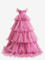 Vanessa | Vestido de fiesta rosa sin tirantes, corte A, de tul arrugado y capas